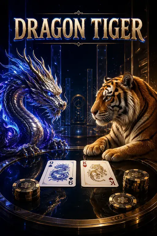 Kheloexch Dragon Tiger image featuring dragon and tiger symbols, playing cards and a premium online gaming experience.